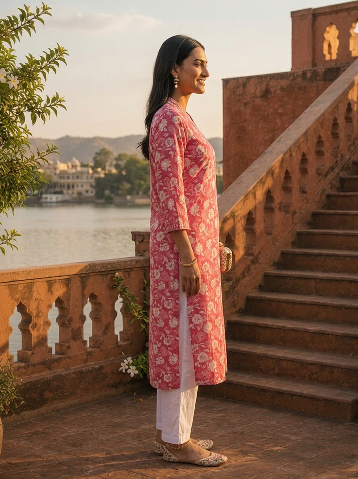 Rose Pink Cotton Jaipuri Floral Jaal Printed Kurta