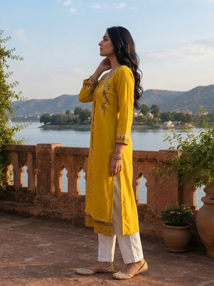 Mustard Silk Geometric Block-Printed Kurta