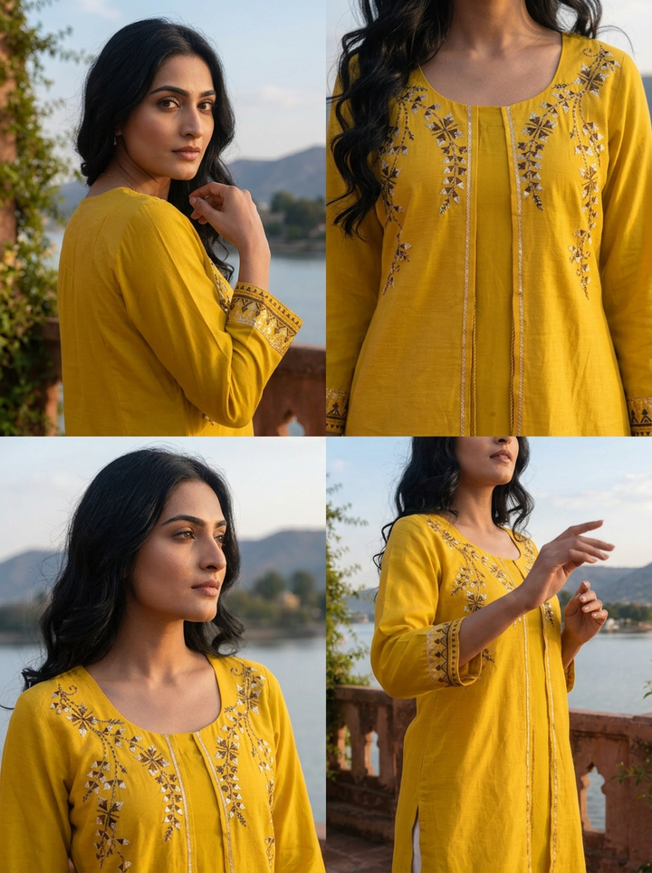 Mustard Silk Geometric Block-Printed Kurta