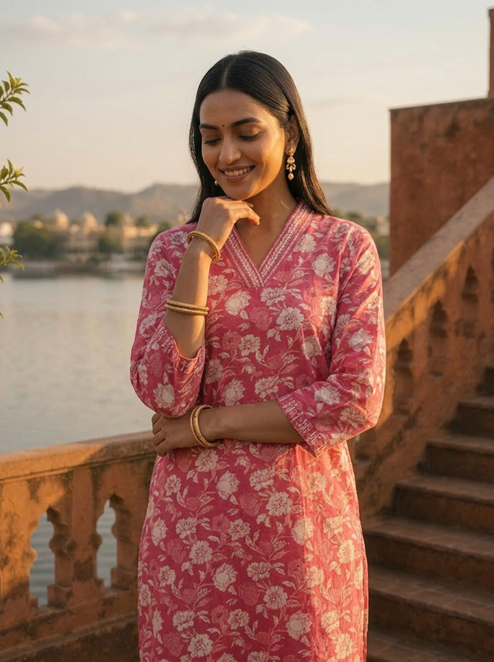 Rose Pink Cotton Jaipuri Floral Jaal Printed Kurta