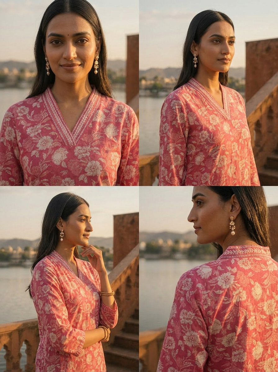 Rose Pink Cotton Jaipuri Floral Jaal Printed Kurta