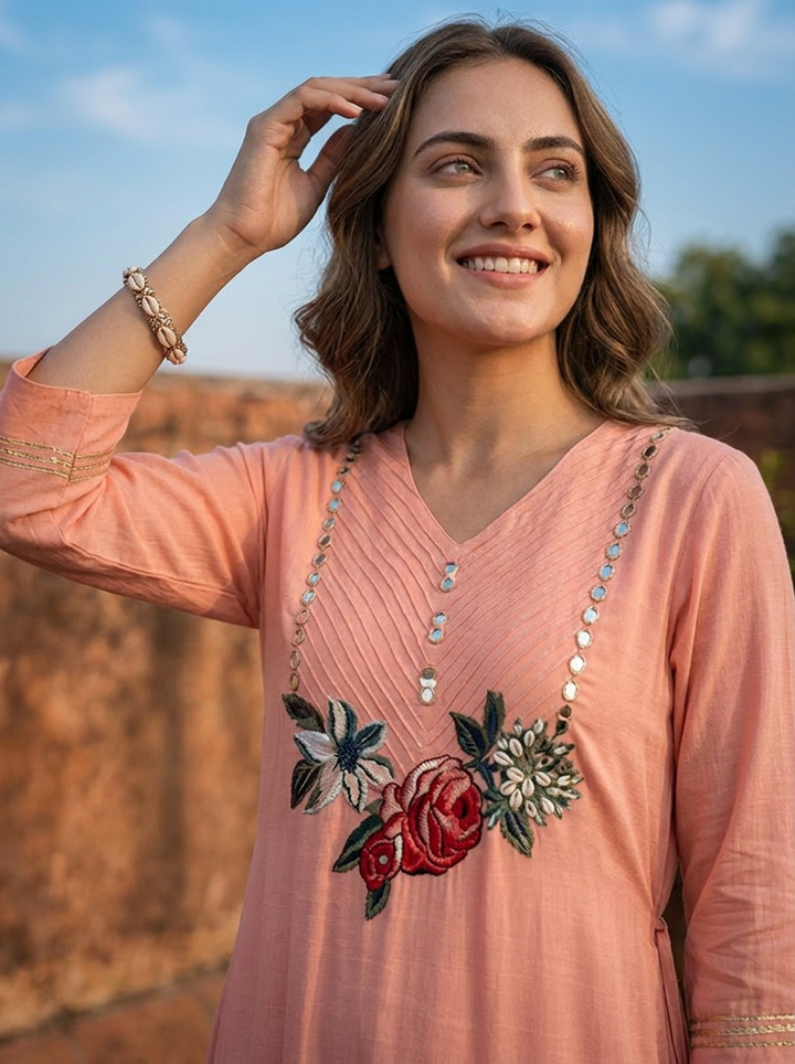 Peach Georgette Ruffle Applique Embroidered Dress