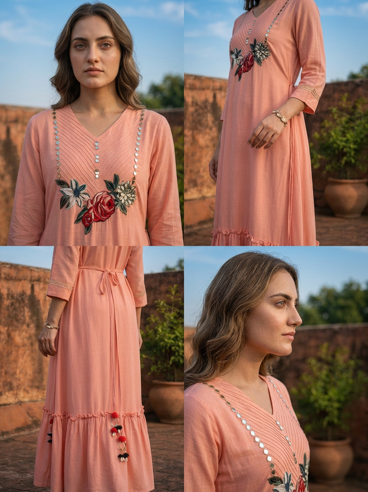 Peach Georgette Ruffle Applique Embroidered Dress