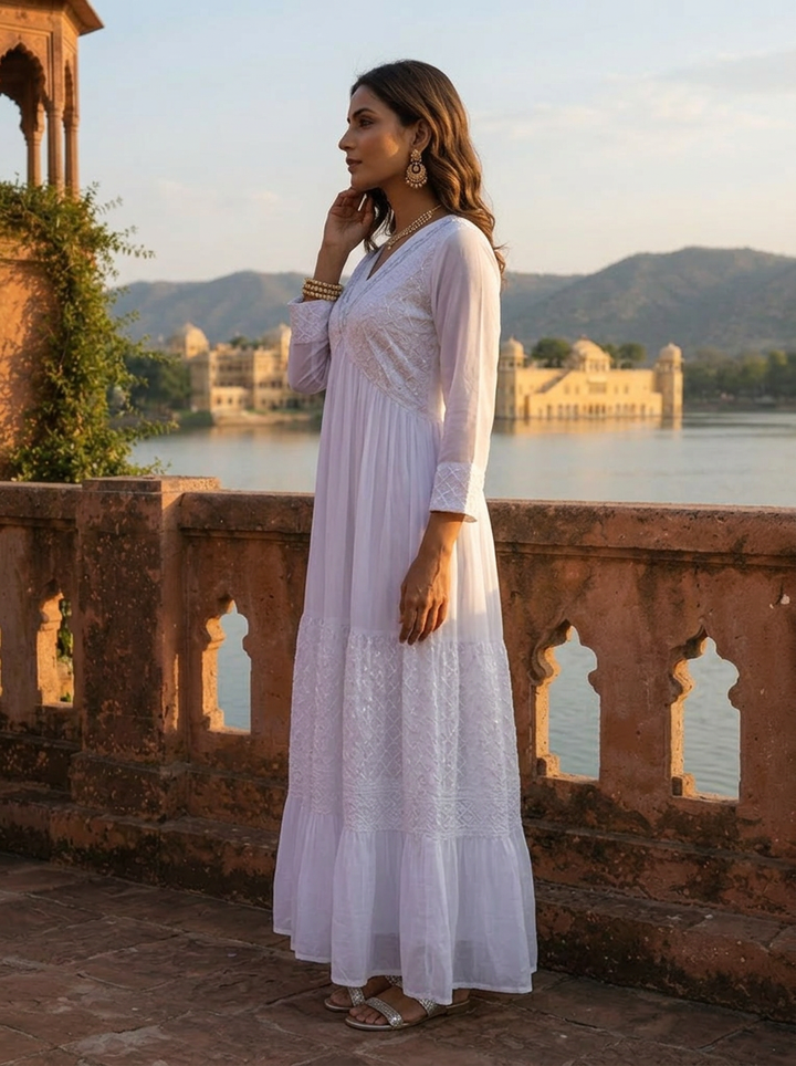 White Crepe Geometric Floral Embroidered Dress