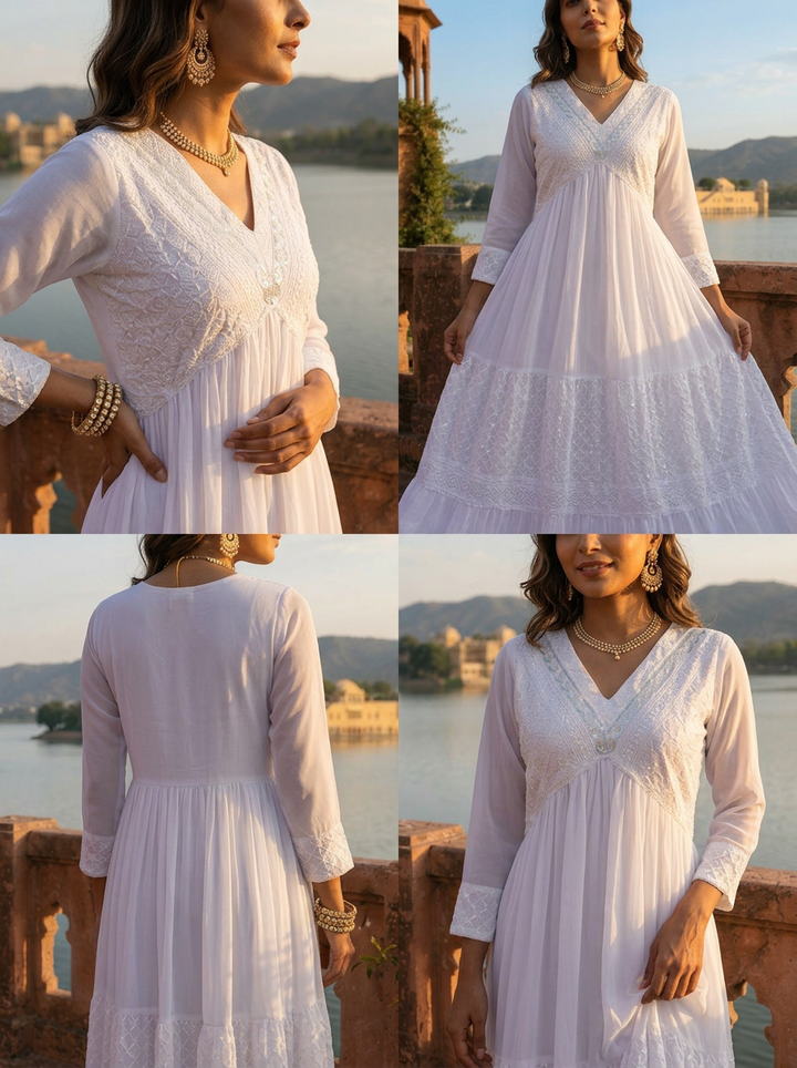 White Crepe Geometric Floral Embroidered Dress