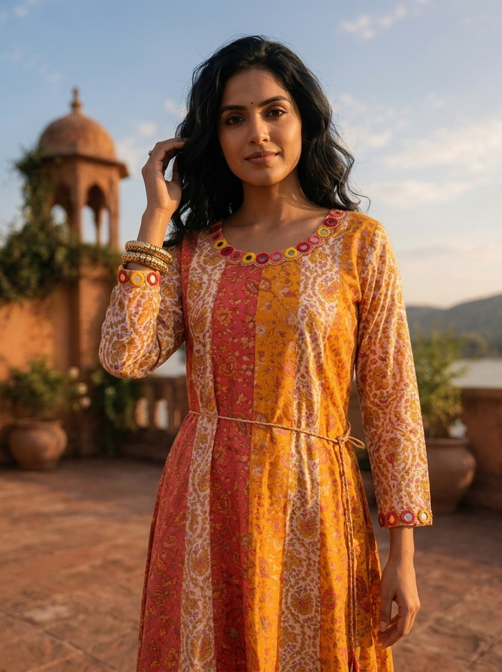 Pink Modal Multi-Color Block Floral Printed Dress