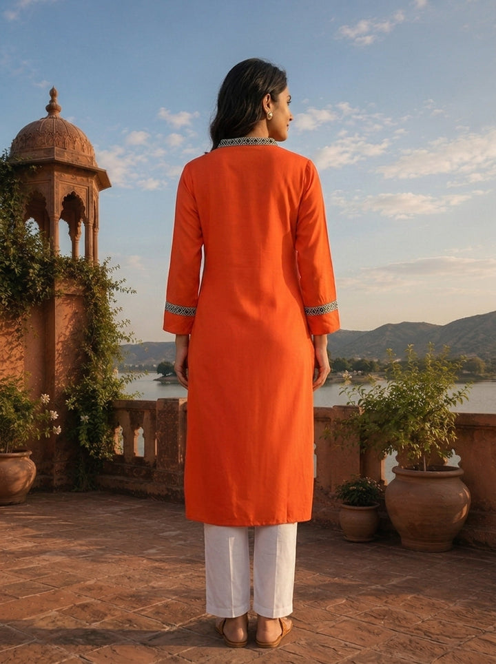 Orange Rayon Solid With Geometric Border Kurta