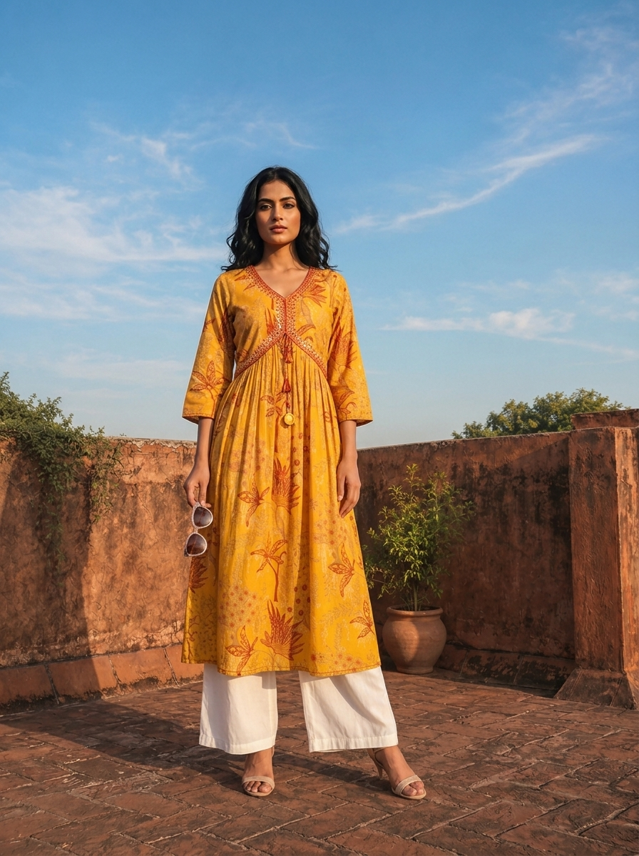Mustard Muslin Tree & Floral Printed Kurta