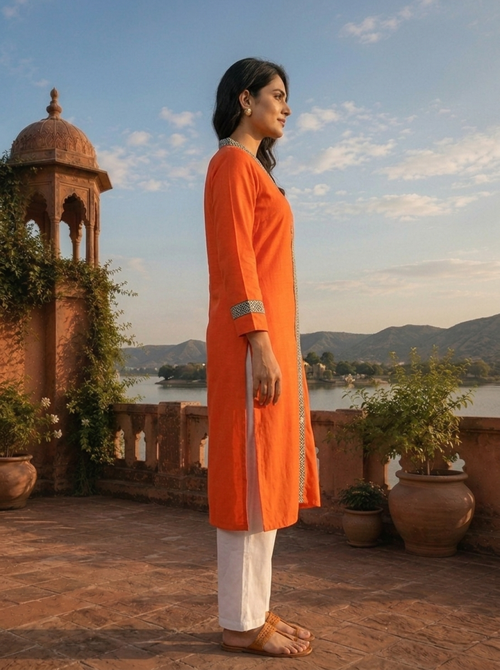 Orange Rayon Solid With Geometric Border Kurta