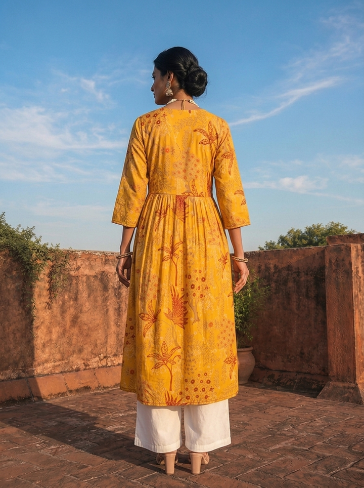 Mustard Muslin Tree & Floral Printed Kurta