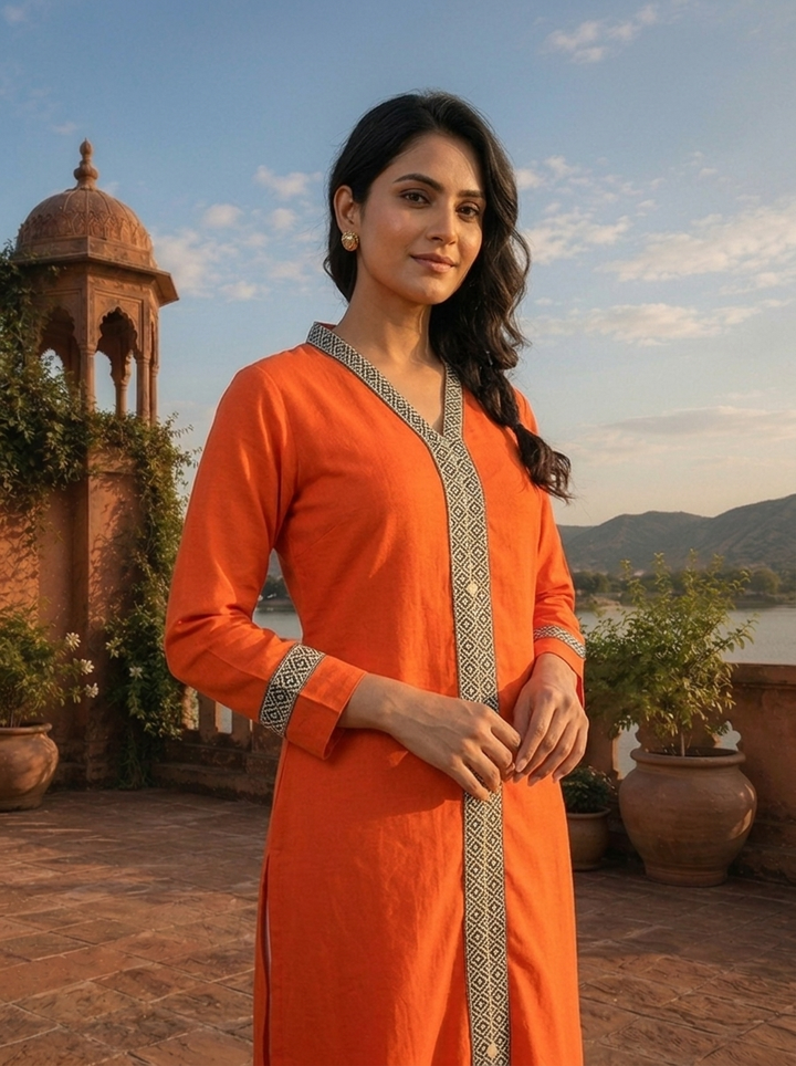Orange Rayon Solid With Geometric Border Kurta