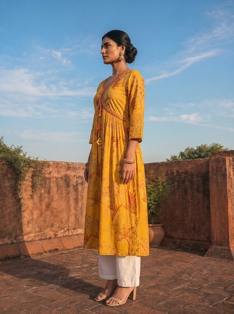 Mustard Muslin Tree & Floral Printed Kurta