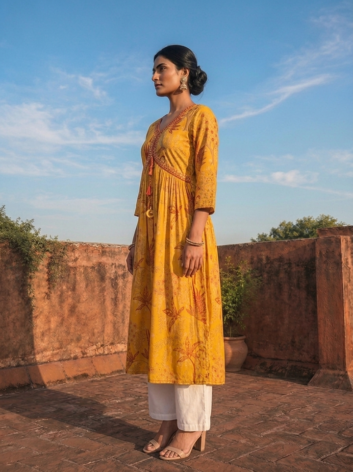 Mustard Muslin Tree & Floral Printed Kurta