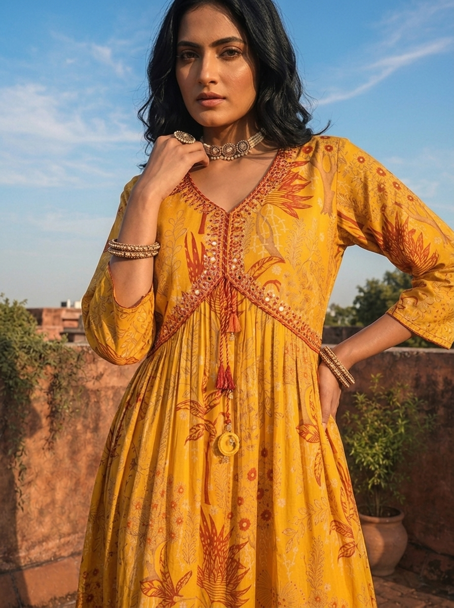 Mustard Muslin Tree & Floral Printed Kurta