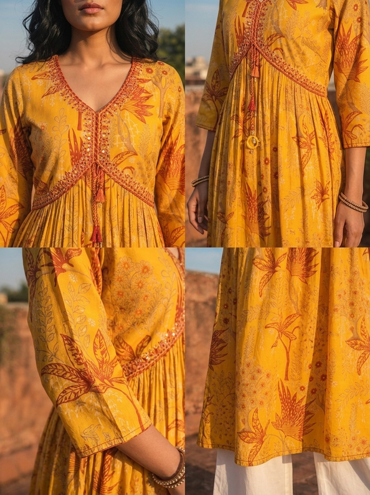 Mustard Muslin Tree & Floral Printed Kurta