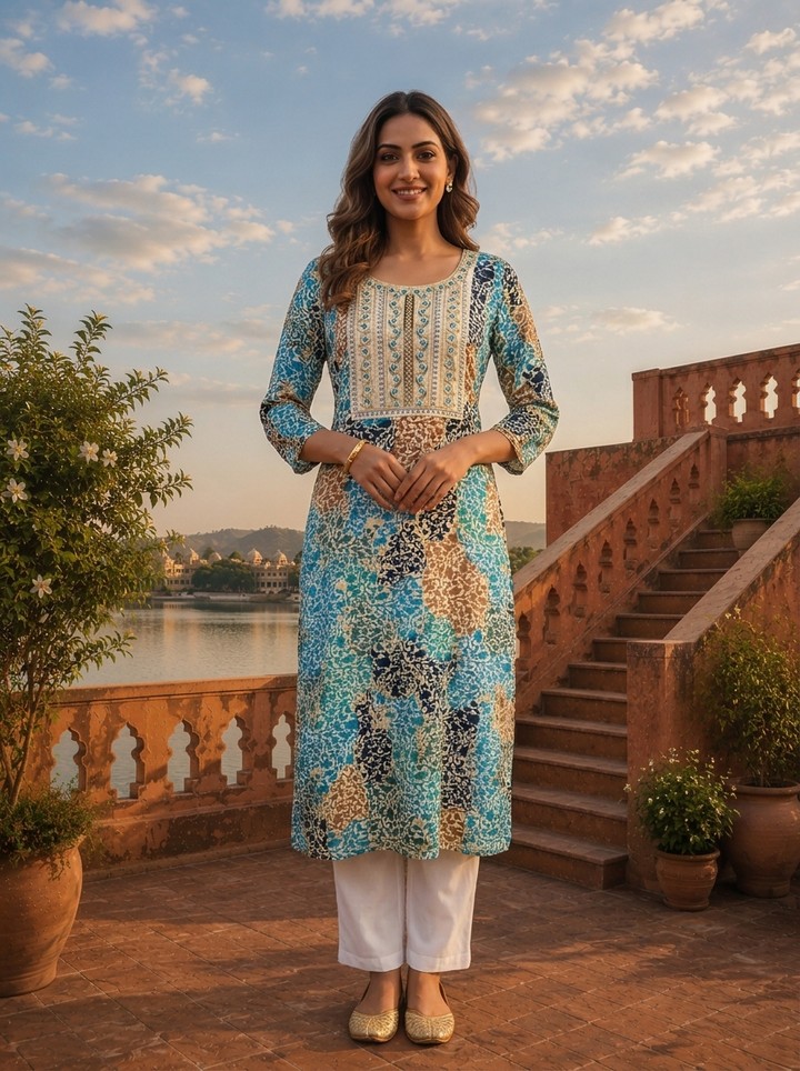 Blue Rayon Abstract Patch Printed Kurta