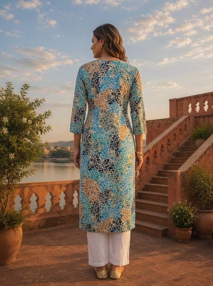 Blue Rayon Abstract Patch Printed Kurta