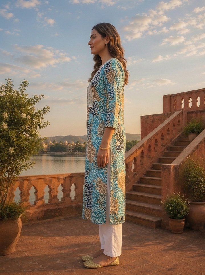 Blue Rayon Abstract Patch Printed Kurta