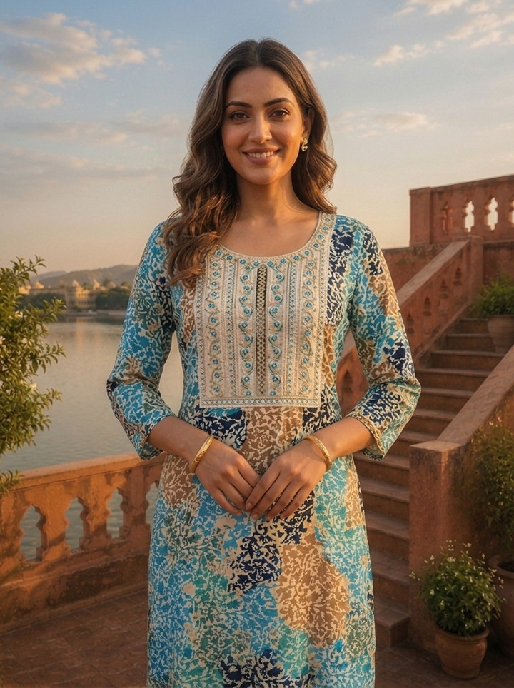 Blue Rayon Abstract Patch Printed Kurta