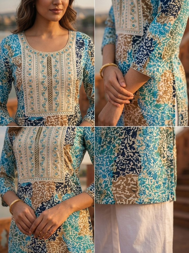 Blue Rayon Abstract Patch Printed Kurta