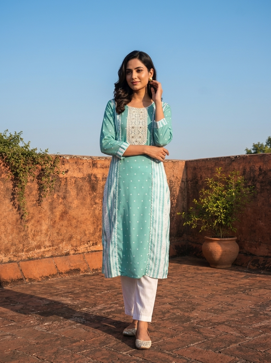 Sea Green Rayon Polka Dot Printed Kurta