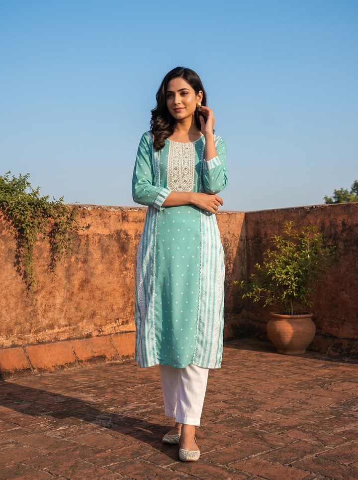 Sea Green Rayon Polka Dot Printed Kurta