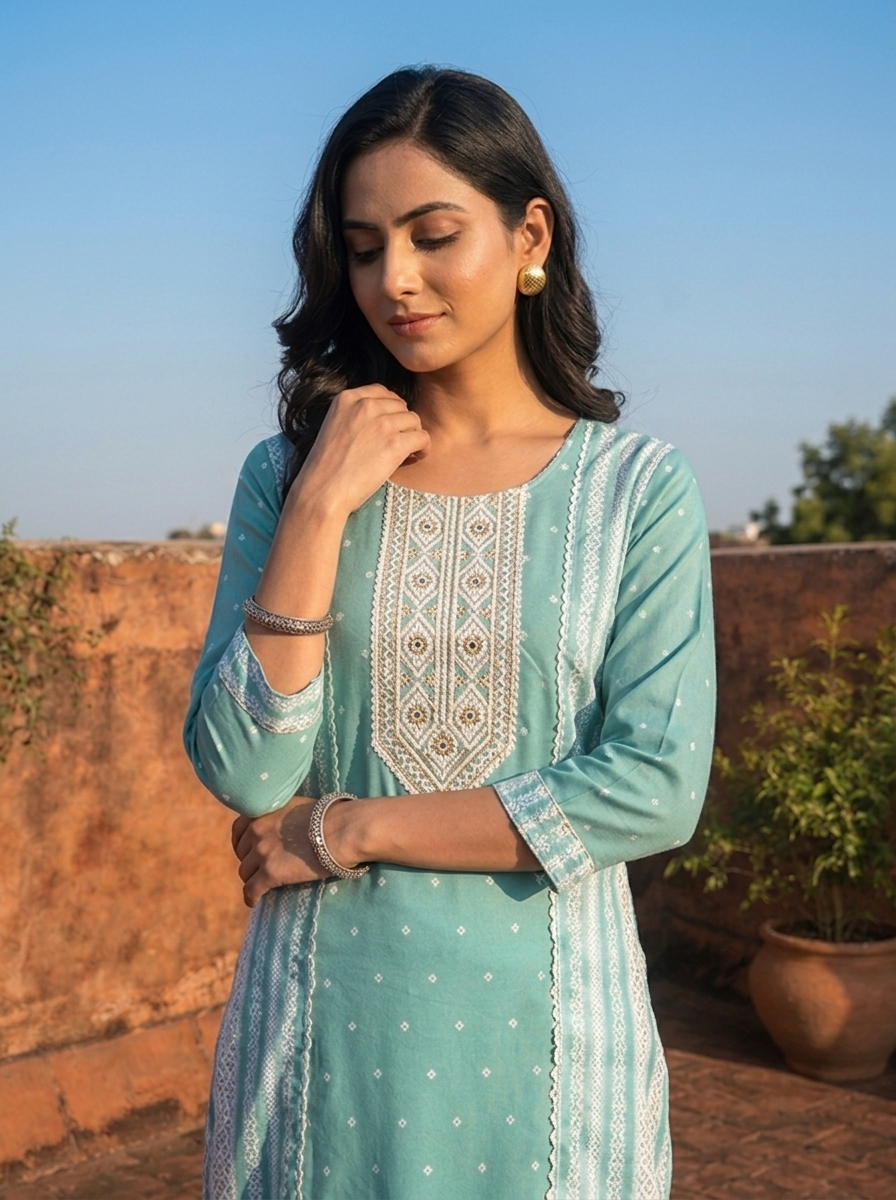 Sea Green Rayon Polka Dot Printed Kurta