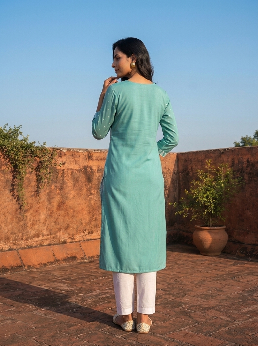 Sea Green Rayon Polka Dot Printed Kurta