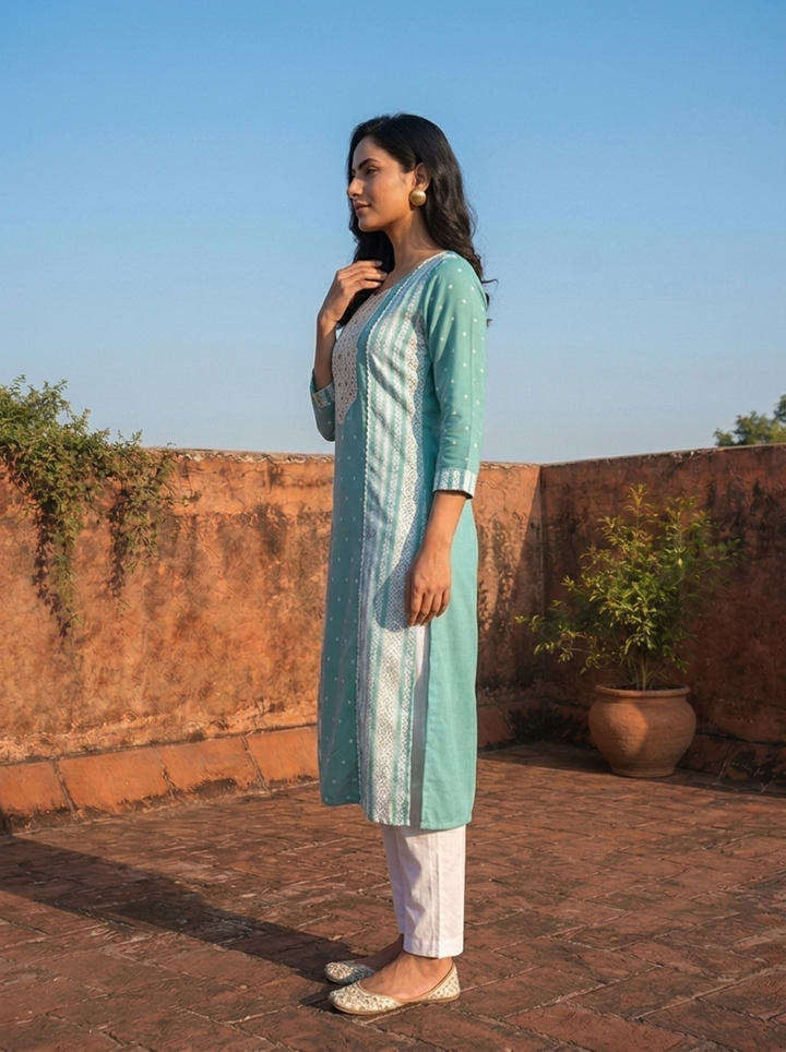 Sea Green Rayon Polka Dot Printed Kurta