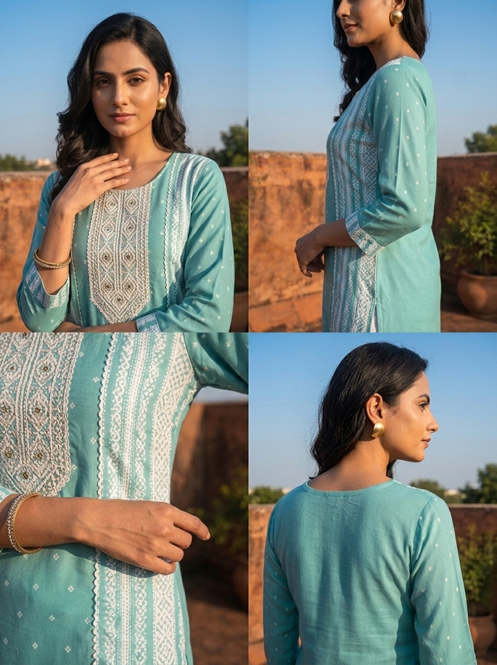 Sea Green Rayon Polka Dot Printed Kurta