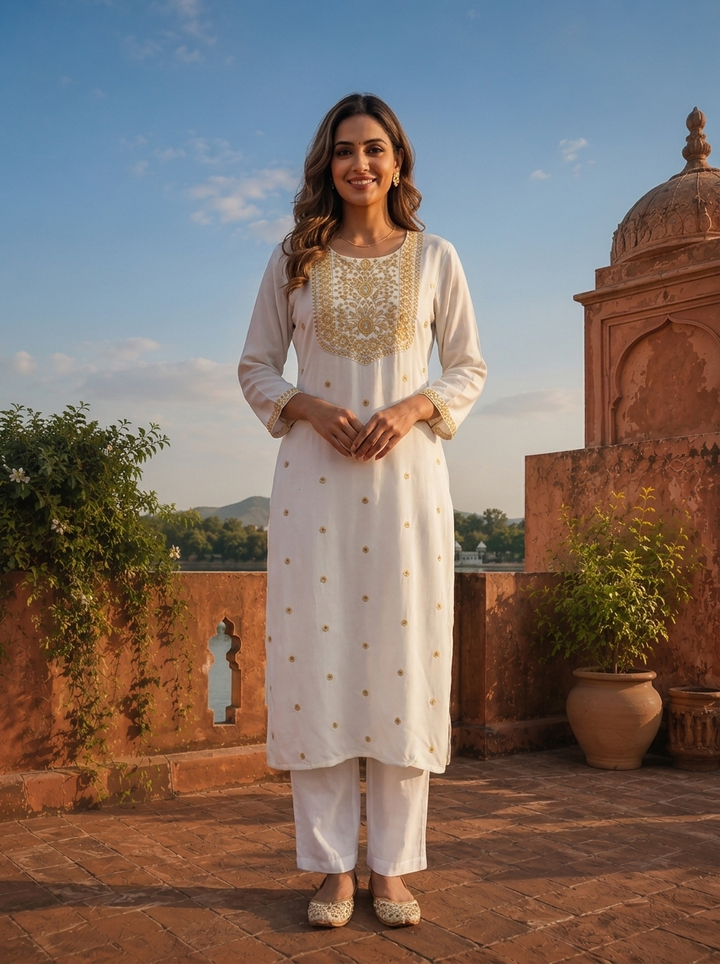 Yellow Rayon Scattered Buti Embroidered Kurta