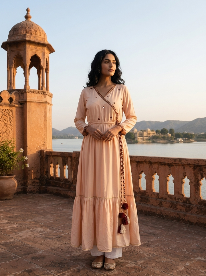 Cream Model Triangle Thread Embroidered Angrakha Dress