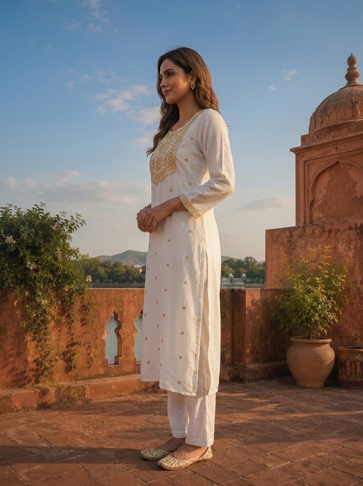 Yellow Rayon Scattered Buti Embroidered Kurta