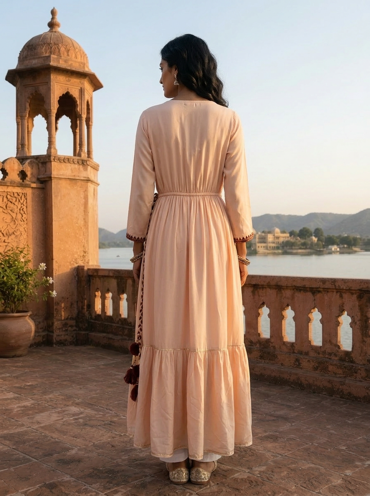 Cream Model Triangle Thread Embroidered Angrakha Dress