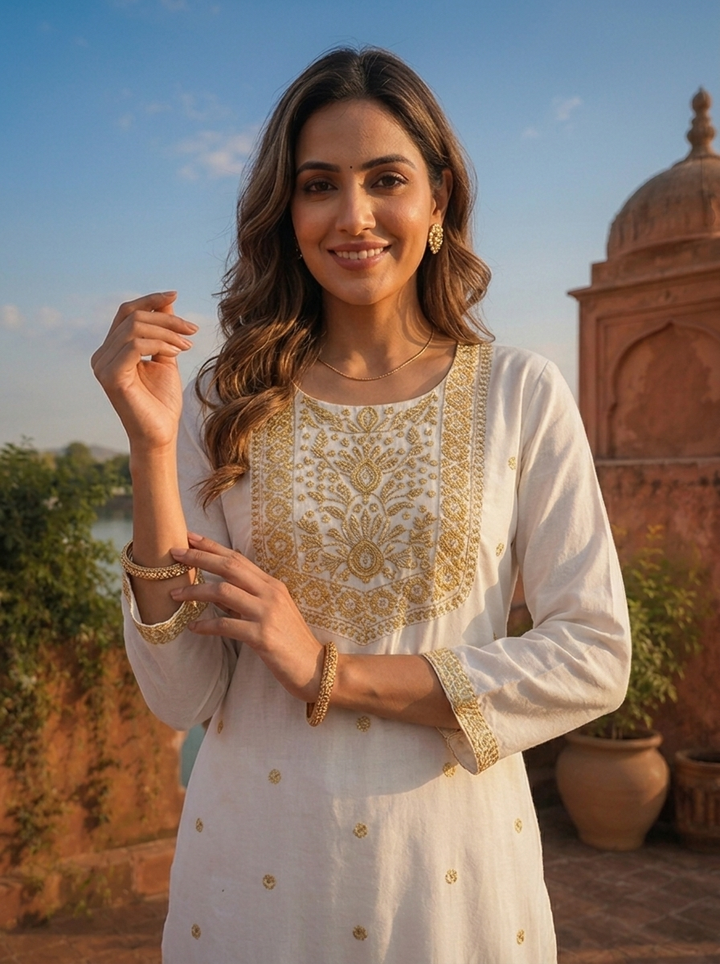 Yellow Rayon Scattered Buti Embroidered Kurta