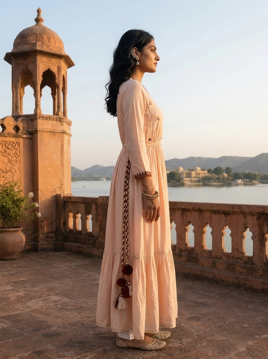 Cream Model Triangle Thread Embroidered Angrakha Dress
