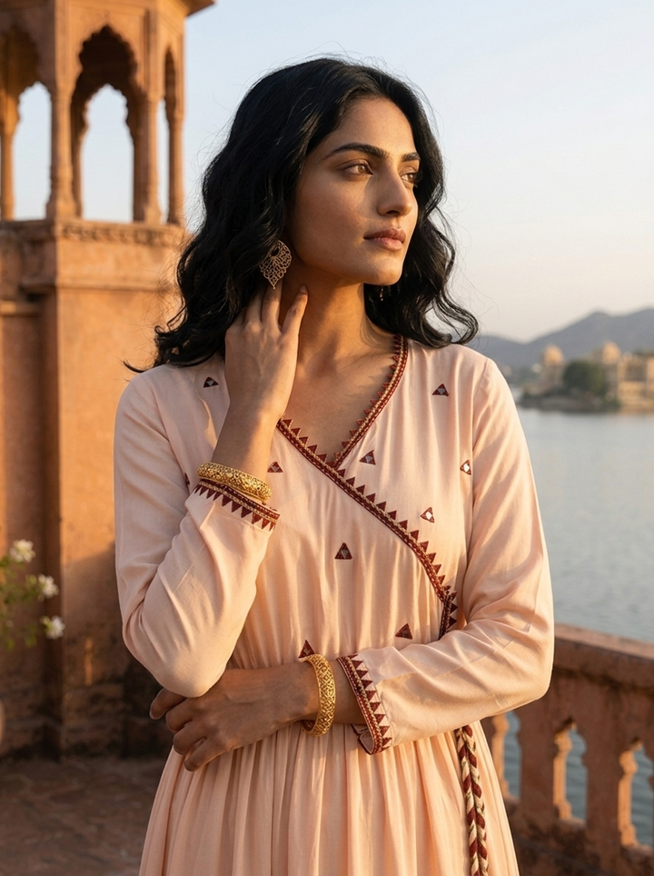 Cream Model Triangle Thread Embroidered Angrakha Dress