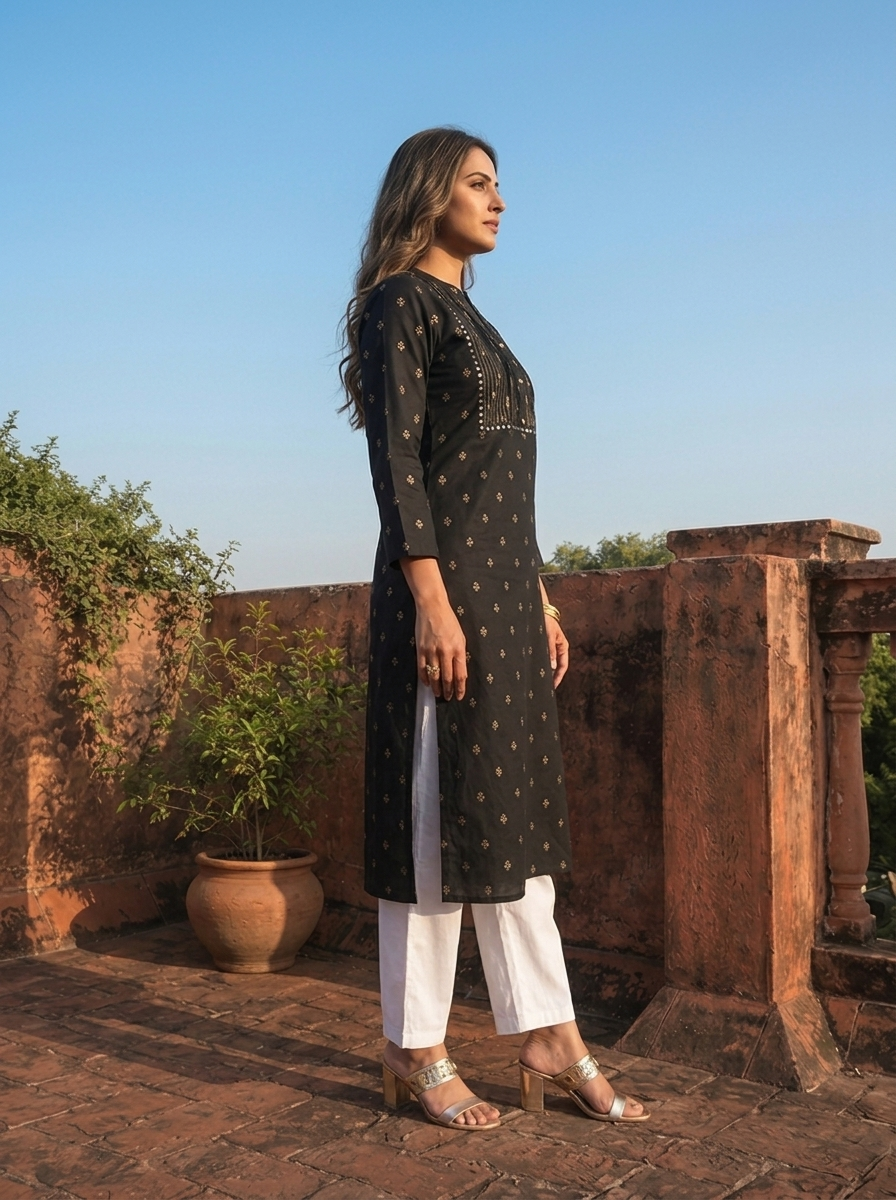 Black Rayon Gold Buti Printed Kurta