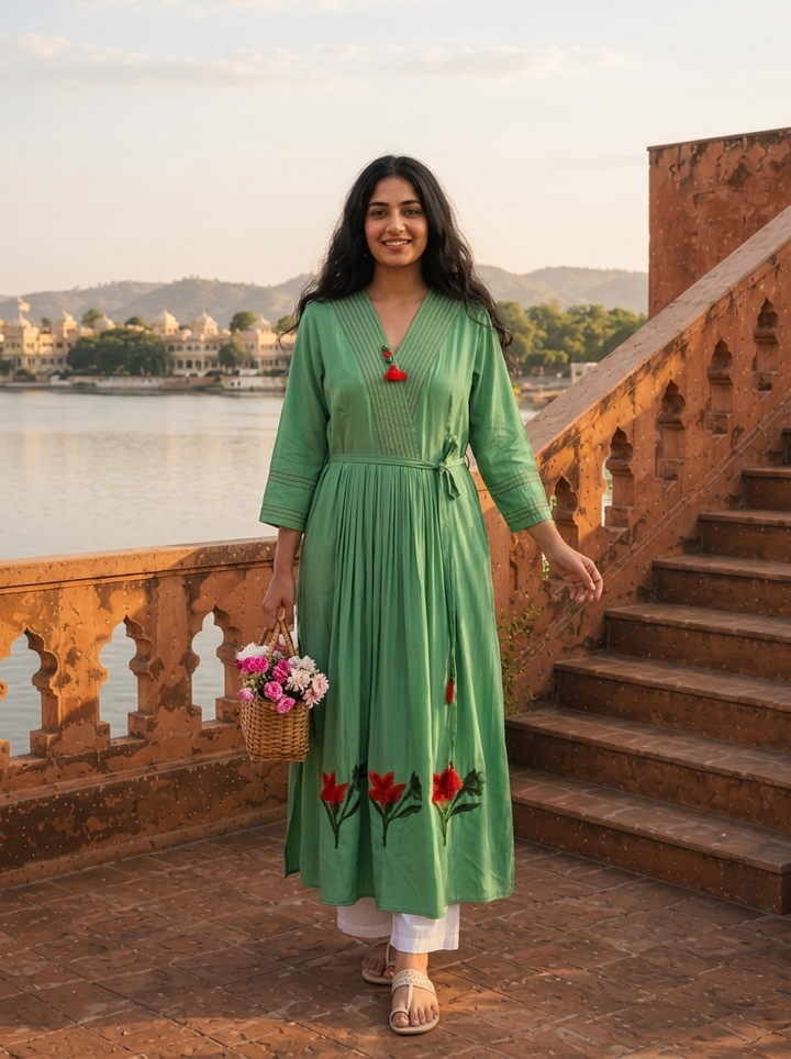 Green Muslin Pintuck Floral Embroidered Dress