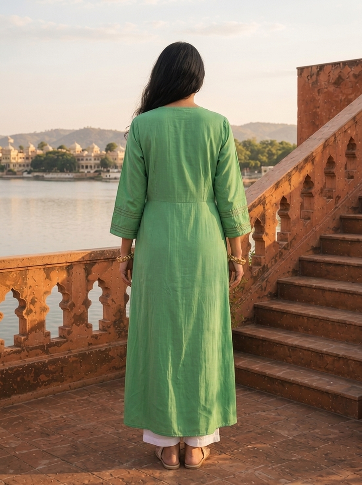 Green Muslin Pintuck Floral Embroidered Dress