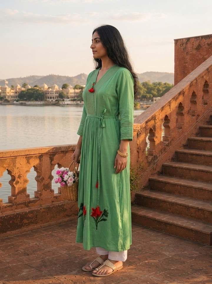 Green Muslin Pintuck Floral Embroidered Dress