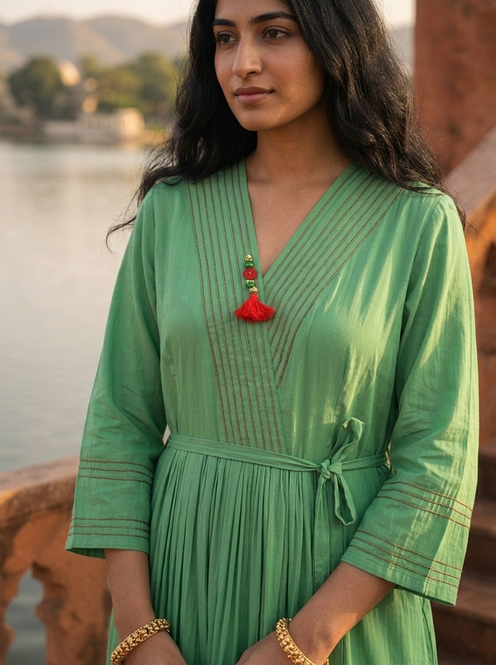 Green Muslin Pintuck Floral Embroidered Dress
