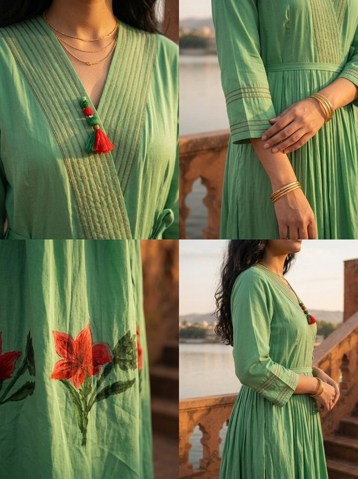 Green Muslin Pintuck Floral Embroidered Dress