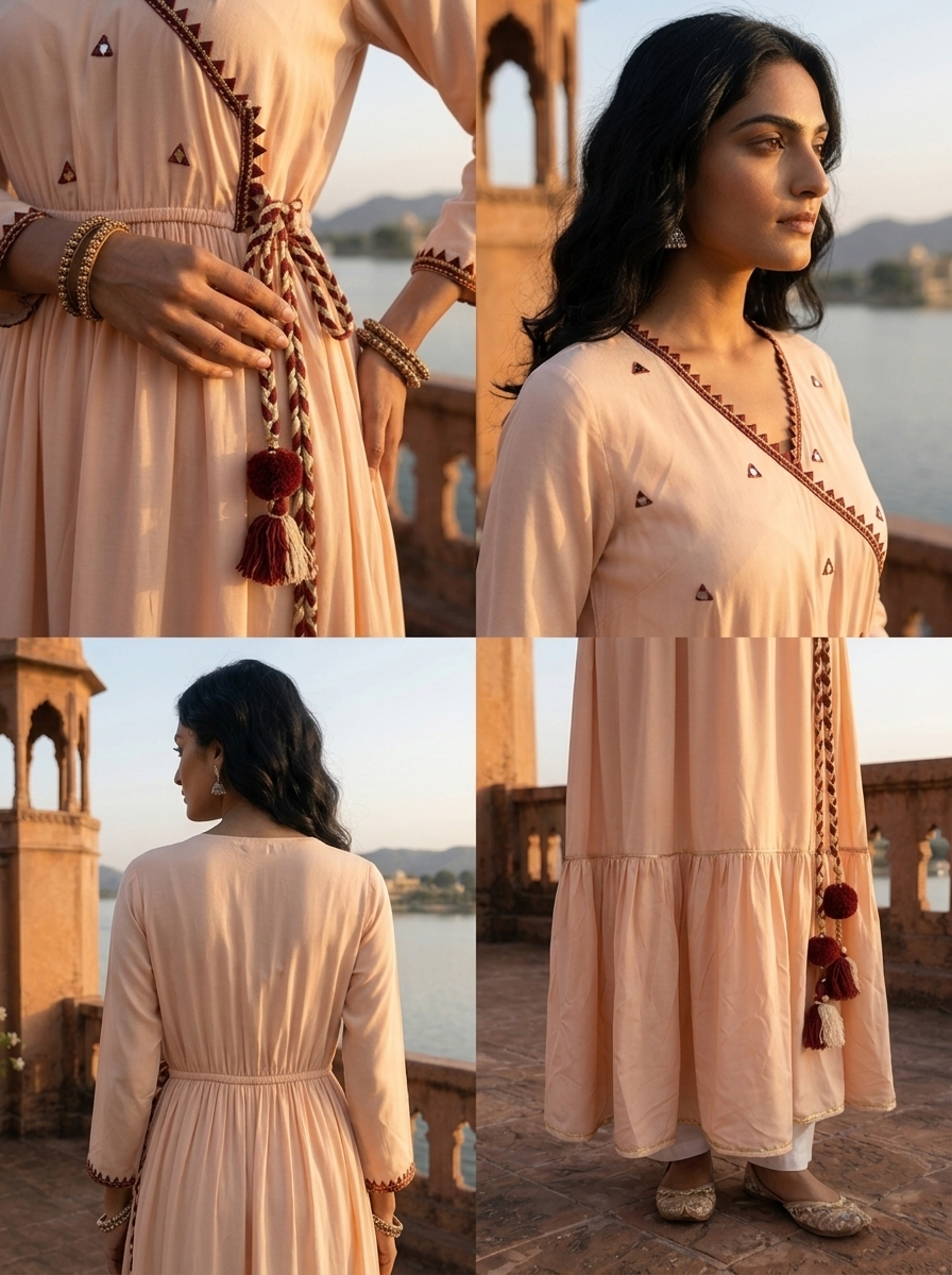 Cream Model Triangle Thread Embroidered Angrakha Dress