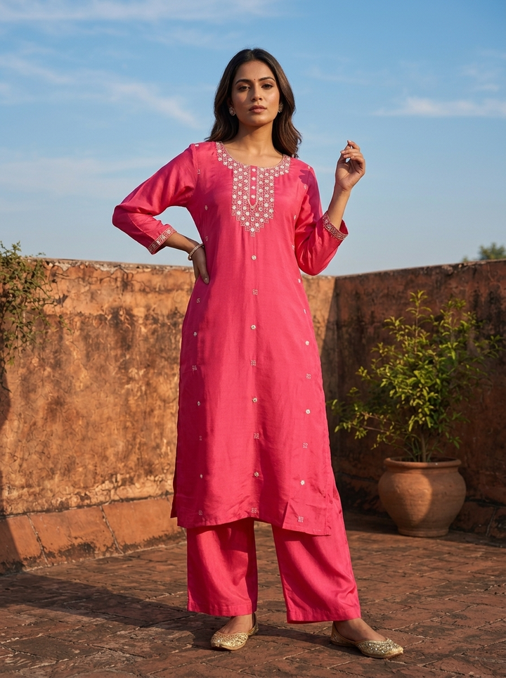 Magenta Muslin Geometric Mirror Motifs Embroidered Two Piece Set