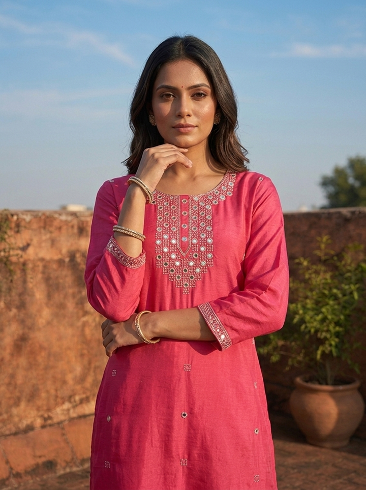 Magenta Muslin Geometric Mirror Motifs Embroidered Two Piece Set