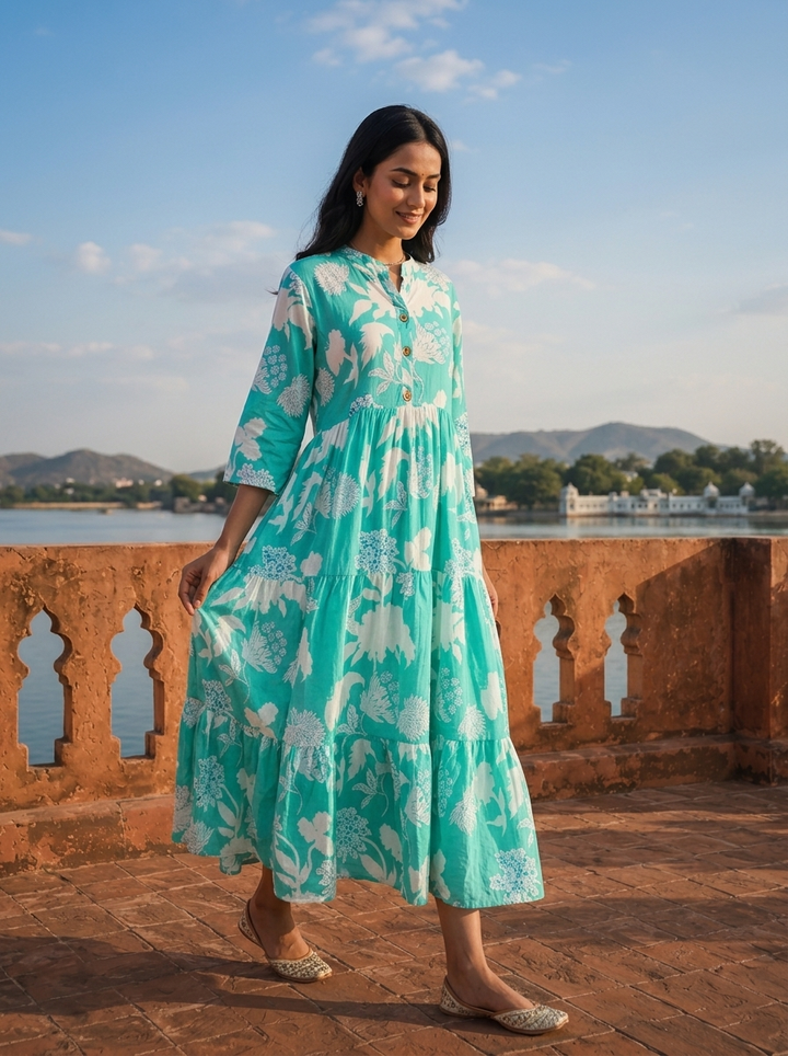 Sea Green Cotton Botanical Printed Flared Dress