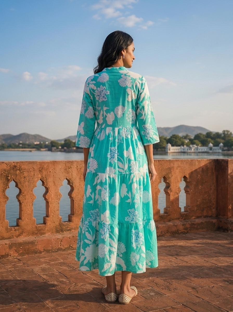 Sea Green Cotton Botanical Printed Flared Dress