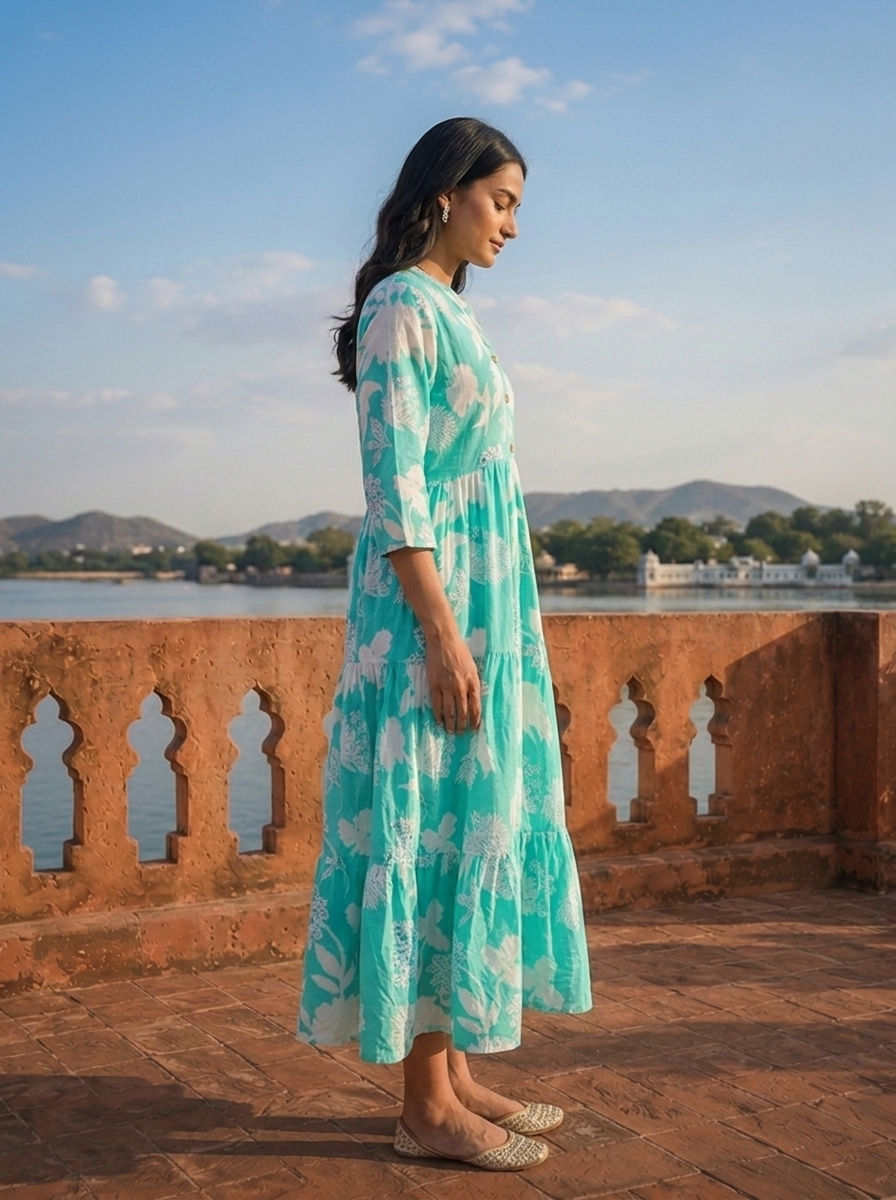 Sea Green Cotton Botanical Printed Flared Dress