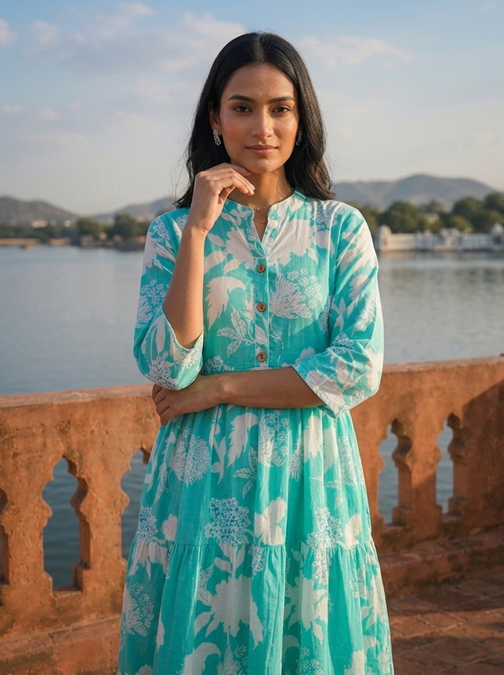 Sea Green Cotton Botanical Printed Flared Dress